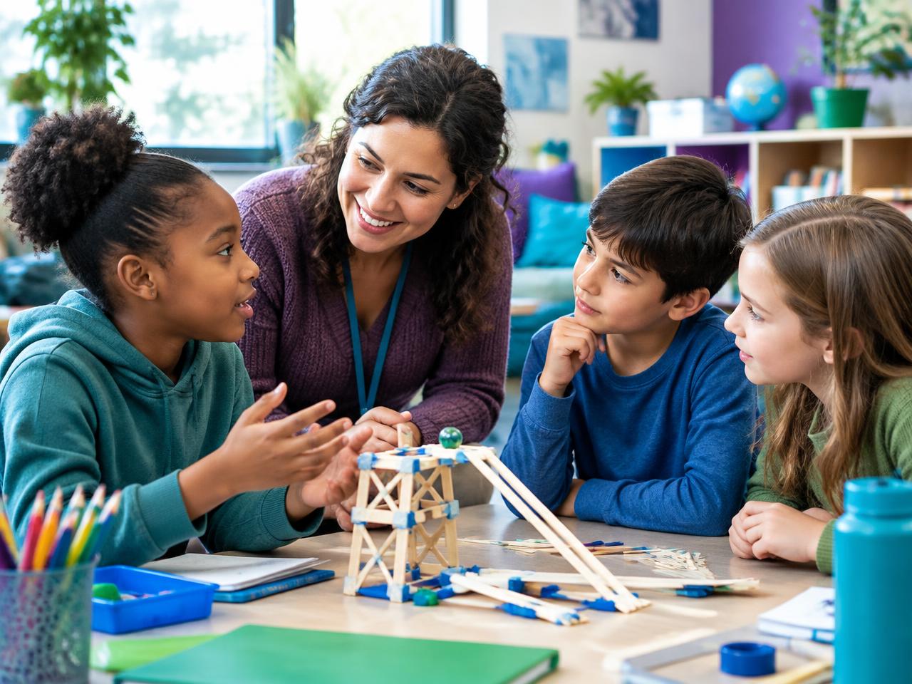An educator guiding children through a cooperative hands-on learning challenge.