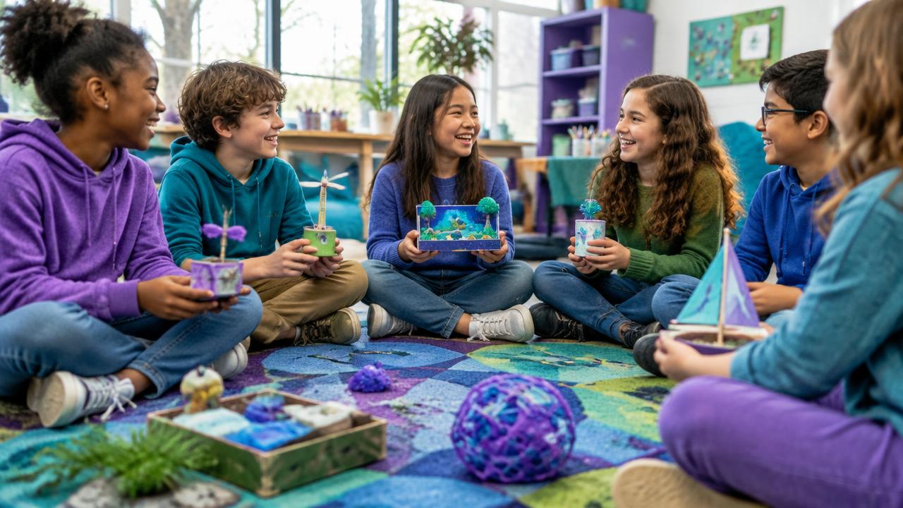 Children sharing projects together during a Saturday workshop.