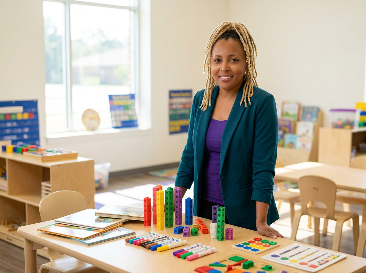 Kenya Thomas in a bright classroom with colorful learning materials.