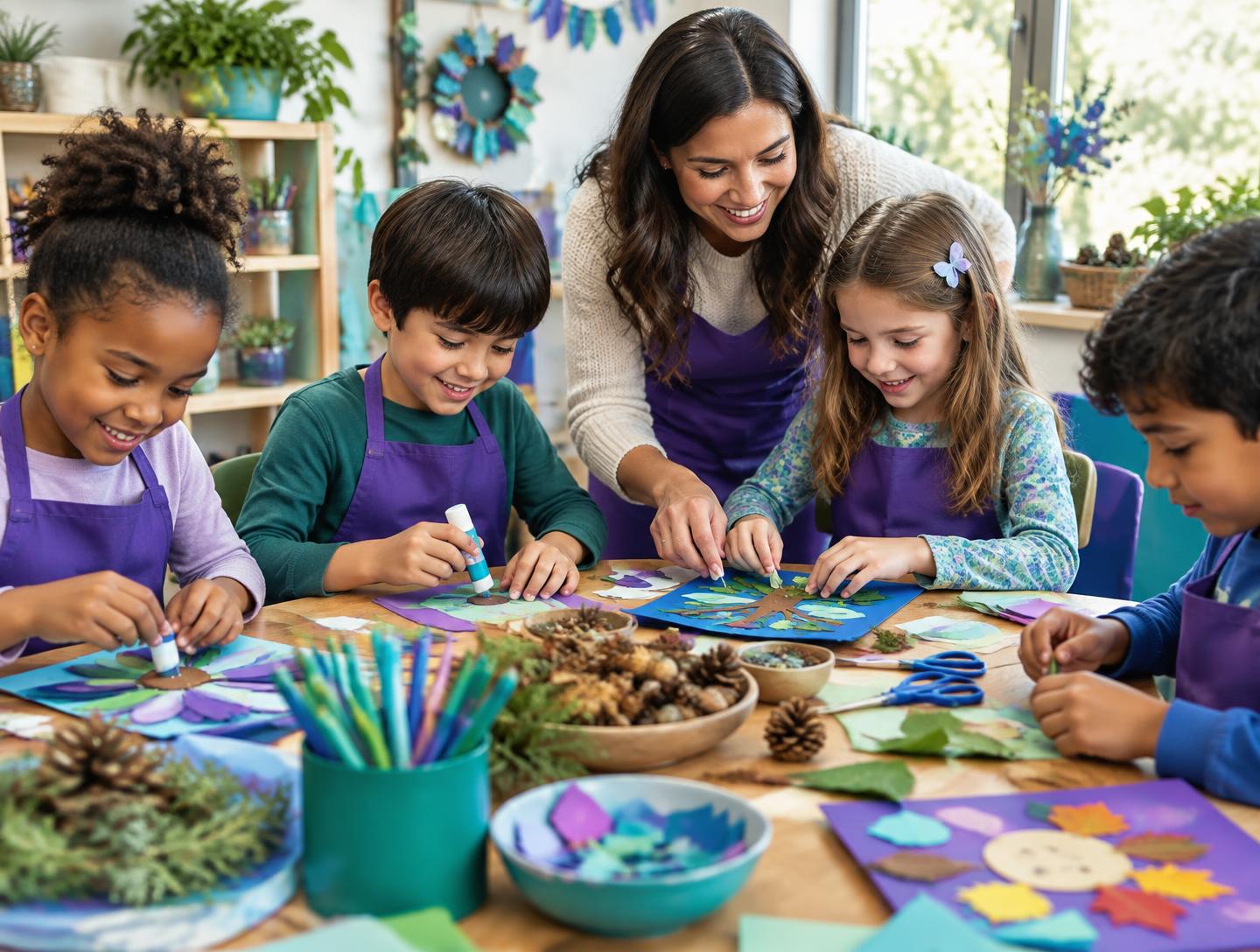 Children in purple aprons creating colorful nature crafts with an educator.