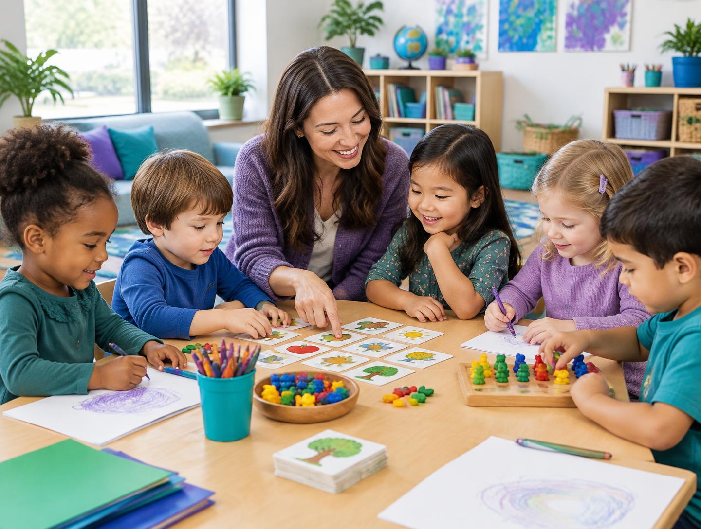 Kindergarten children learning with picture cards and counting pieces in a small group.