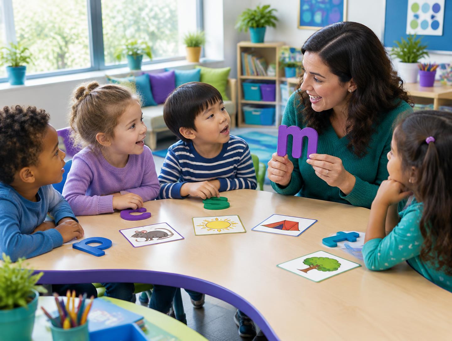 Children practicing letter sounds with tactile letters and picture cards.