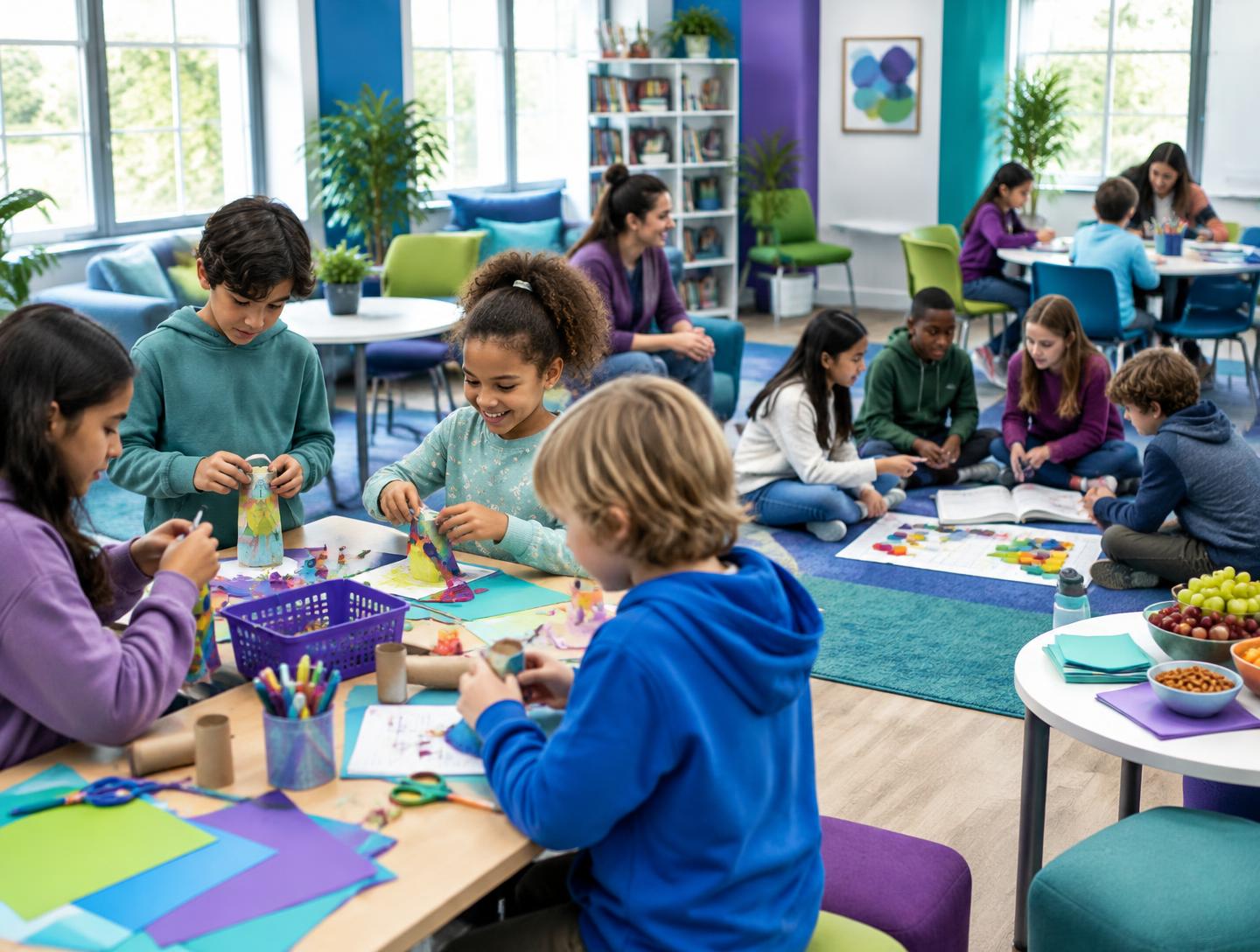 Children rotating through creative and academic activities during a Saturday workshop.