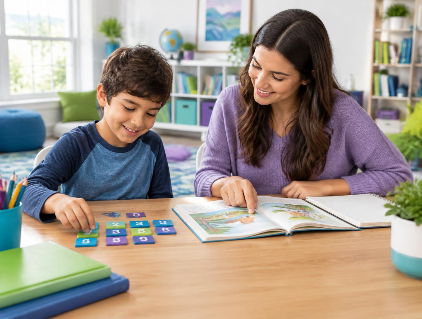 A tutor supporting a child with reading and hands-on number practice.